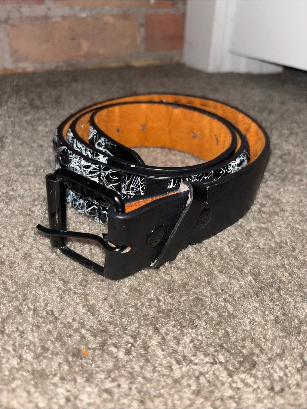 Black Leather Belt with Stones with White Abstract Print